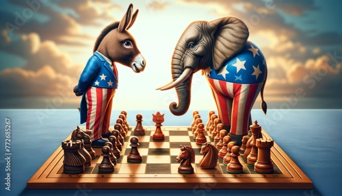 Political strategy and bipartisan competition represented by donkey and elephant playing chess with symbols of American democracy photo