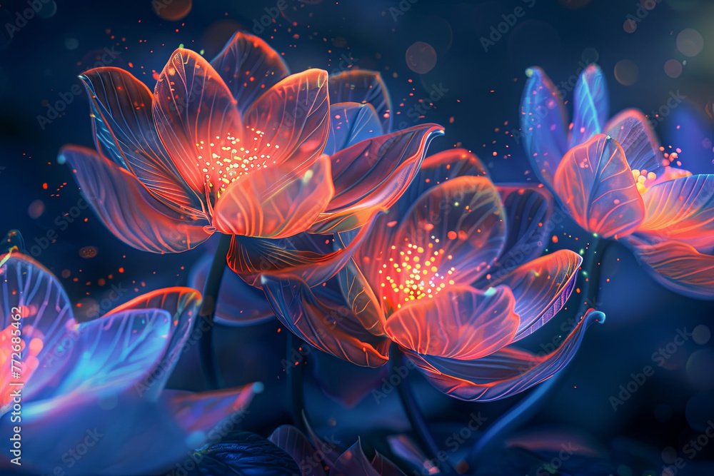 Illustration of colorful flowers glowing in the dark Illustration of colorful flowers glowing in the dark