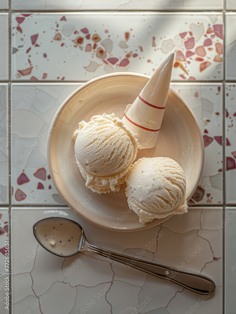 Vanilla ice cream on a plate, illustration made with generative AI Vanilla ice cream on a plate, illustration made with generative AI