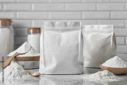 White pouches with blank labels standing on a marble kitchen counter, contrasted by wooden spoons and flour photo