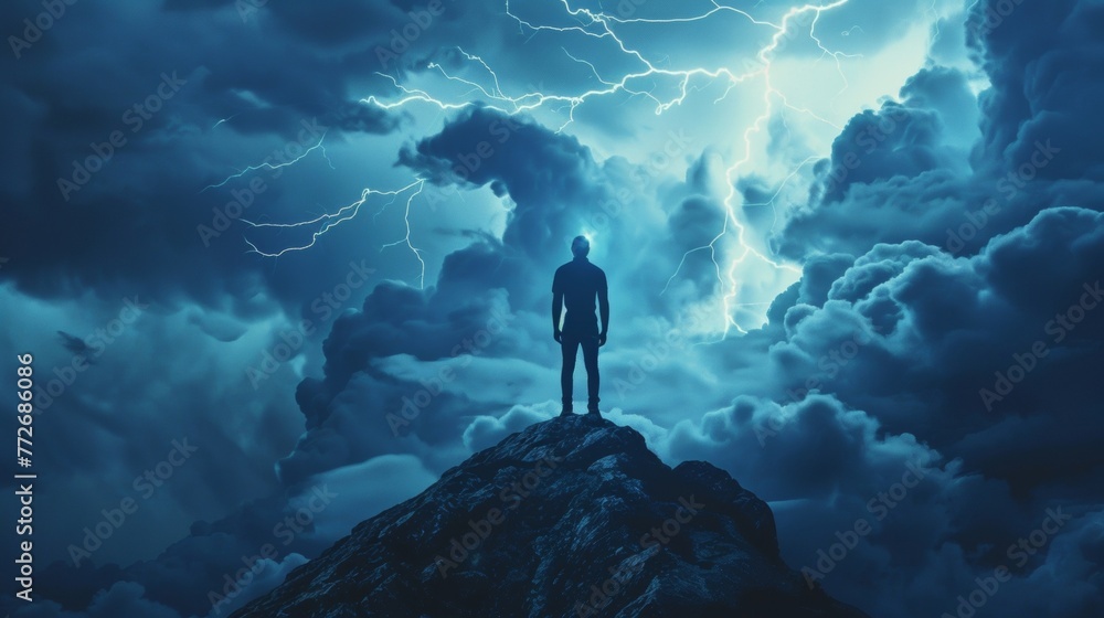 A man stands on a rocky outcrop his silhouette outlined against a dramatic backdrop of stormy clouds and lightning strikes. . . - obrazy, fototapety, plakaty 