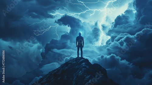 A man stands on a rocky outcrop his silhouette outlined against a dramatic backdrop of stormy clouds and lightning strikes. . .
