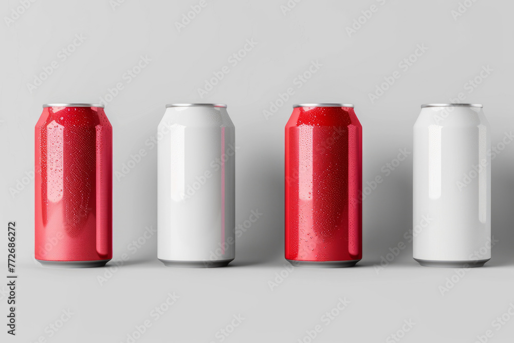 Two red and two white soda cans with condensation, perfect for a refreshing drink brand utilizing the blank label Two red and two white soda cans with condensation, perfect for a refreshing drink brand utilizing the blank label