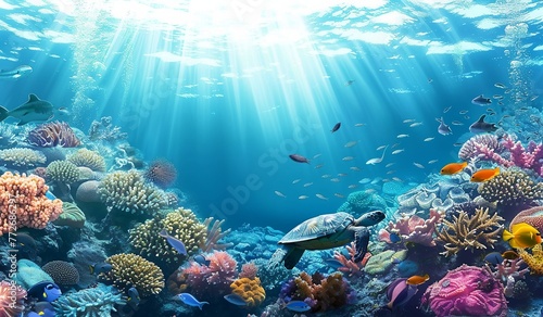 Vibrant Underwater Scene with Coral Reef and Tropical Fish. Made with Generative AI Technology © mafizul_islam
