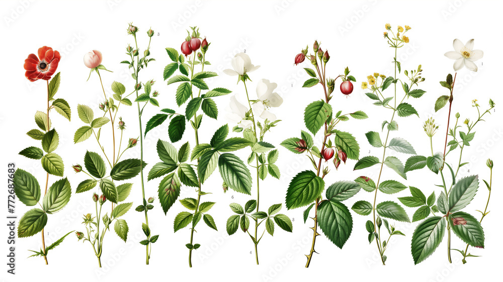 A botanical illustration showing a variety of plants with flowers, leaves, and fruits, in a detailed vintage style. - obrazy, fototapety, plakaty 