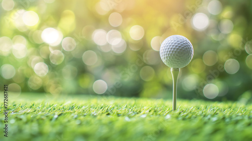 Golf ball on tee against a blurred green background with sunlit bokeh, ready for a drive.