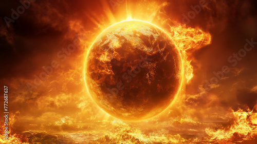 A fiery planet Earth engulfed in flames and solar flares, depicting a cataclysmic solar event.
