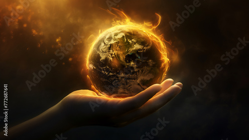 A hand cradles a burning Earth, enveloped in flames and embers, symbolizing fragility and crisis.