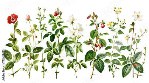 A botanical illustration showing a variety of plants with flowers, leaves, and fruits, in a detailed vintage style. photo