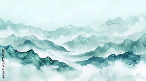 Watercolor clouds and mist surrounding fairyland mountains illustration poster background