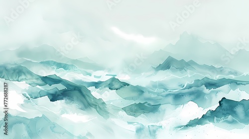 Watercolor clouds and mist surrounding fairyland mountains illustration poster background