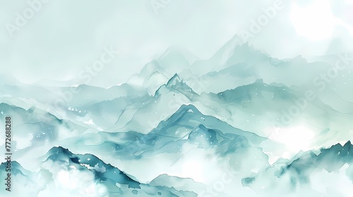 Watercolor clouds and mist surrounding fairyland mountains illustration poster background © jinzhen