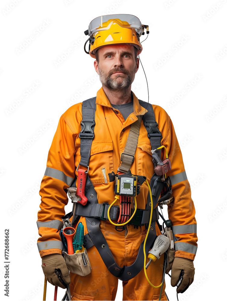 An electrician in vibrant orange overalls, equipped with tools and safety gear, holding wires in hand An electrician in vibrant orange overalls, equipped with tools and safety gear, holding wires in hand