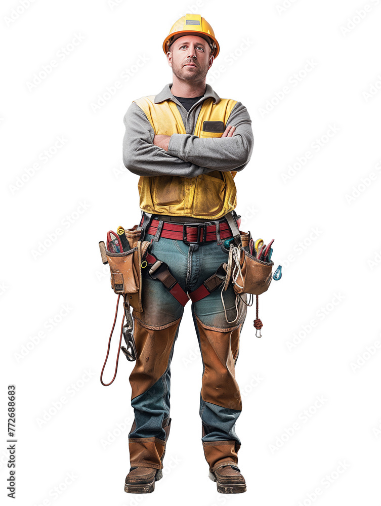 An electrician standing with arms crossed and wearing workwear with a tool belt around his waist and a safety helmet on his head An electrician standing with arms crossed and wearing workwear with a tool belt around his waist and a safety helmet on his head