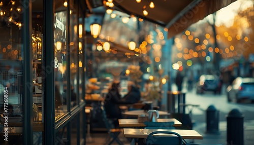 Captivating exterior shot captures bustling café ambiance through beautiful bokeh effect photo