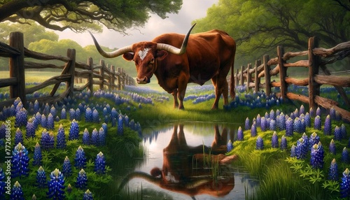 A stately Texas Longhorn cattle standing near a tranquil pond, enveloped by a lush field of bluebonnets under a canopy of live oak trees. photo