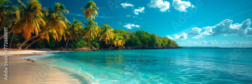 Tropical beach landscape on the sea. Panorama summer vacation.