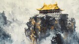 Ink minimalist mountain top temple architectural landscape illustration poster background