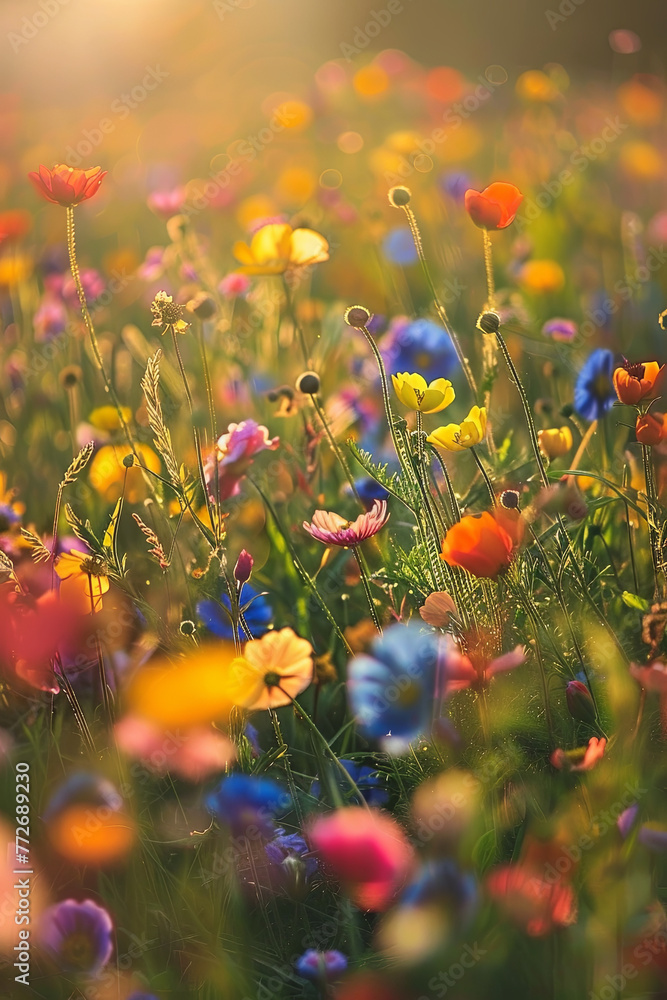 Obraz premium A meadow filled with flowers during sunset