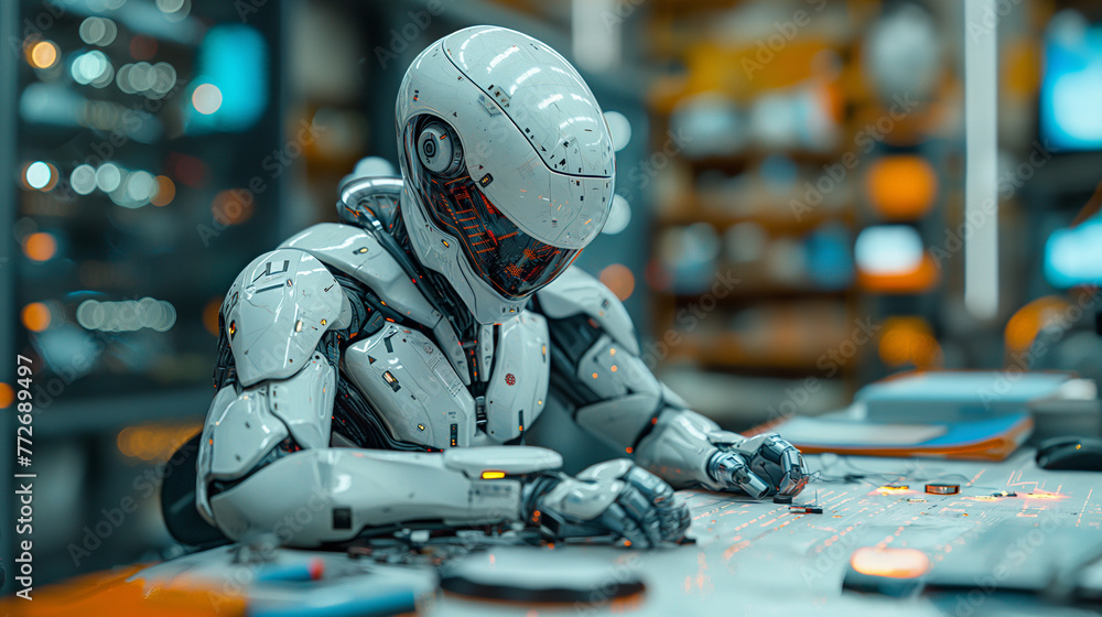 A futuristic artificial intelligence robot working on manual productions inside a factory, replacing the requirements for human workforce - obrazy, fototapety, plakaty 