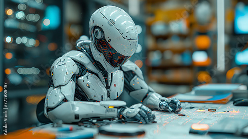 A futuristic artificial intelligence robot working on manual productions inside a factory, replacing the requirements for human workforce