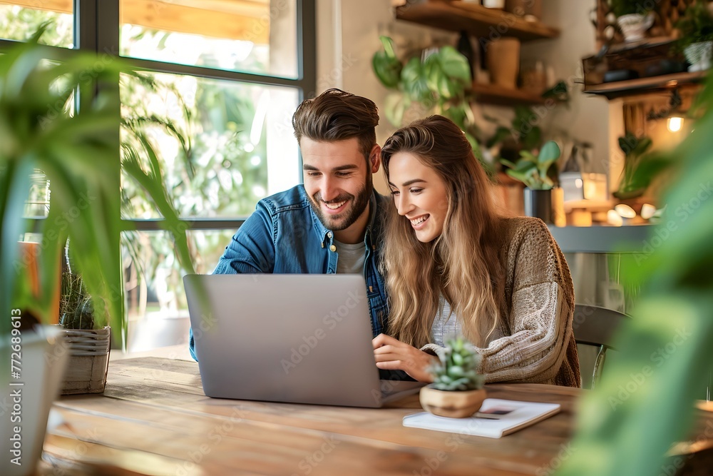 caucasian young couple is playing on a laptop caucasian young couple is playing on a laptop