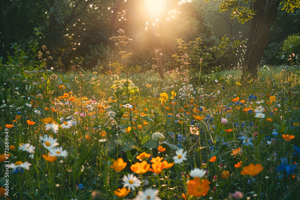 A meadow filled with flowers during sunset