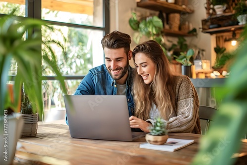 caucasian young couple is playing on a laptop