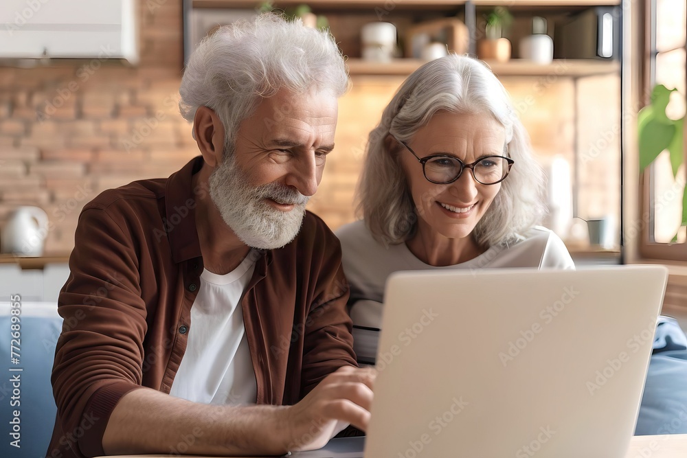 an caucasian old married couple is playing on a laptop an caucasian old married couple is playing on a laptop