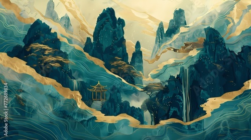 Traditional golden green mountain pavilions illustration poster background © jinzhen