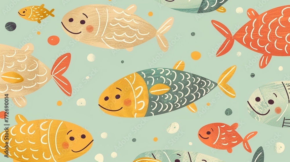 Cute hand-drawn fishes and loaves with happy faces