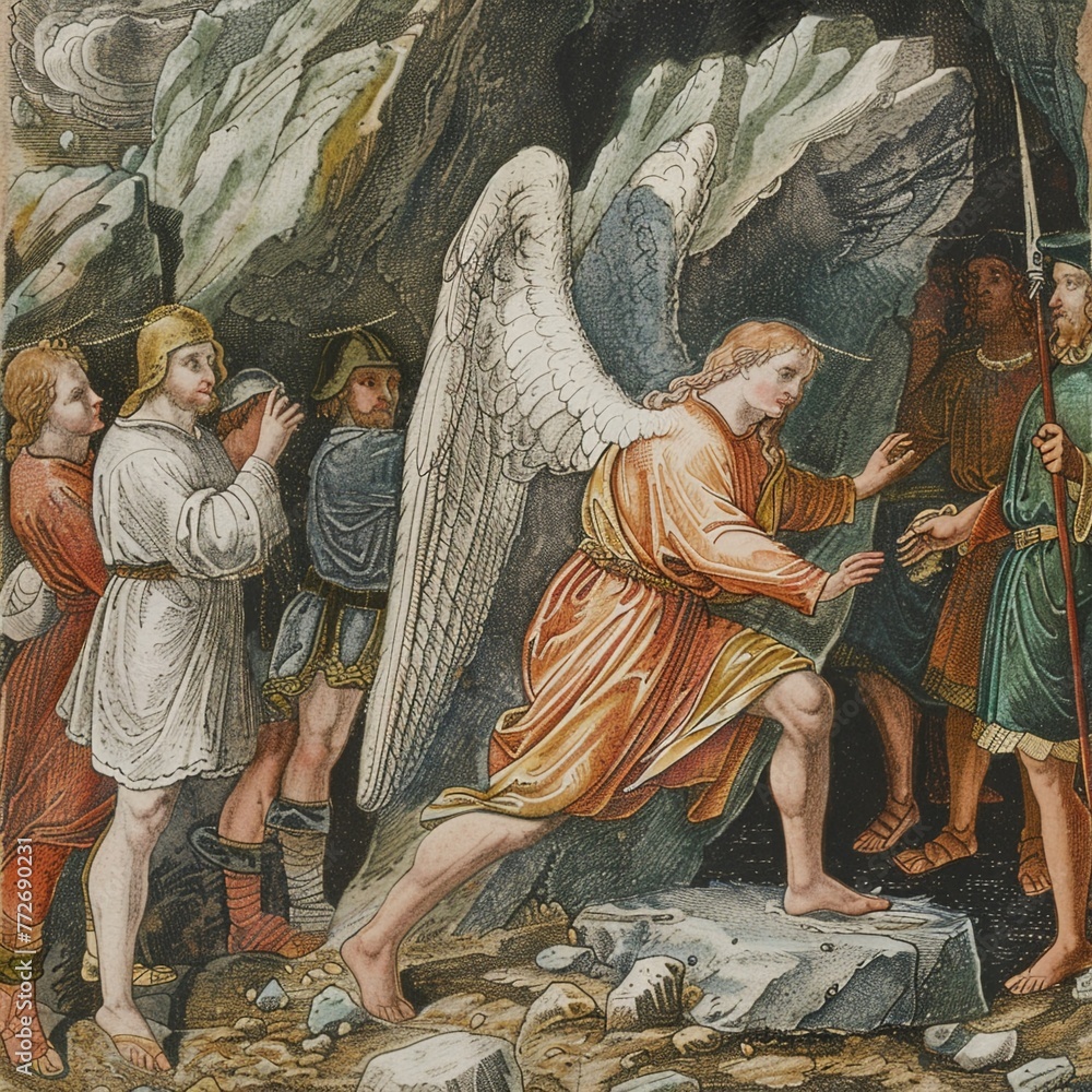 Naklejka premium Light-hearted hand-drawn depiction of the angel rolling away the stone