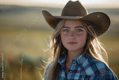 portrait of a western American girl in a cowboy hat in Wyoming © Uliana