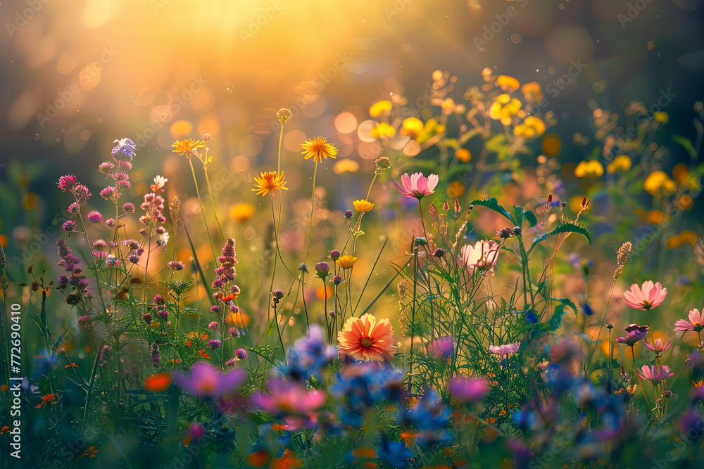 A meadow filled with flowers during sunset A meadow filled with flowers during sunset