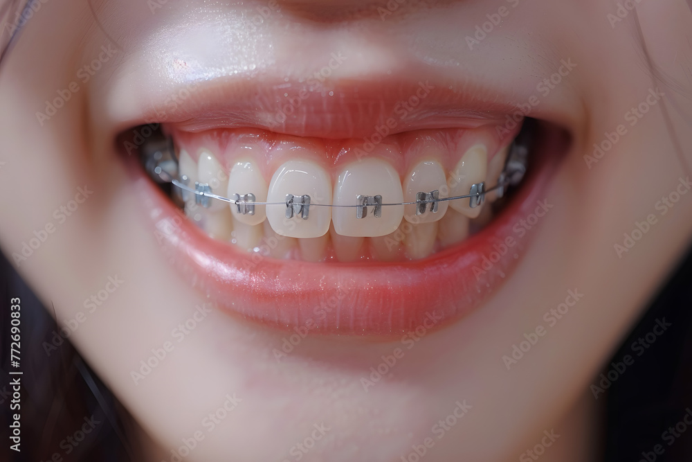 Obraz premium 笑顔のアジア人女性の歯科矯正