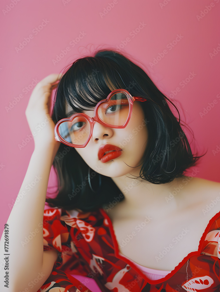 ハート型のサングラスをかけるキュートな日本人女性 ハート型のサングラスをかけるキュートな日本人女性