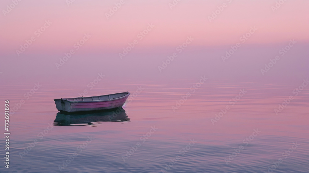 A lone boat gently gliding across a calm lake surrounded by the soft pinks and purples of the fading daylight. . . A lone boat gently gliding across a calm lake surrounded by the soft pinks and purples of the fading daylight. . .