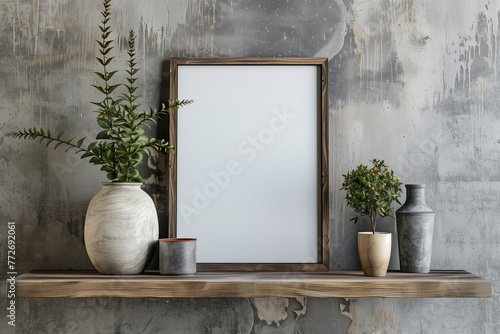 Blank mock up poster frame on wooden shelf against concrete wall. Loft interior design of modern living room, home.