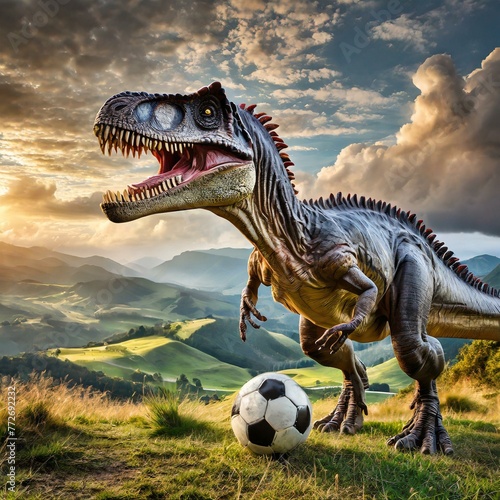  t-rex playing football with beautiful skies and hills in the background © MAWLOUD