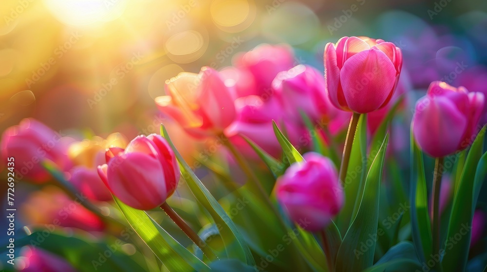 Fototapeta premium Vibrant pink tulips bathed in warm sunlight with a soft-focus background.