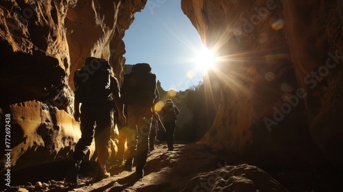 A group of explorers hike through a narrow canyon backpacks and gear silhouetted against the bright sun as they discover a hidden . .