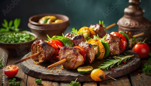 realistic grilled Lamb and Vegetable Skewers- symbolizing the depth of flavours cinematic 8k