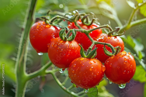 Fresh Tomatoes on the Vine in Nature: Morning Dew and Natural Light Accentuating the Vibrant Red