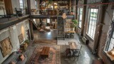 A converted industrial loft with soaring ceilings and a rustic vibe featuring repurposed materials such as reclaimed wood and salvaged . .
