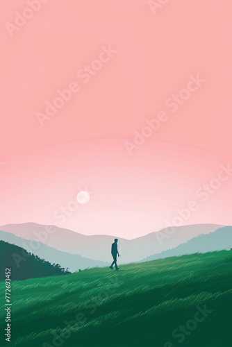 Poster of a field with a gradient pink color sky and a silhouette human figure