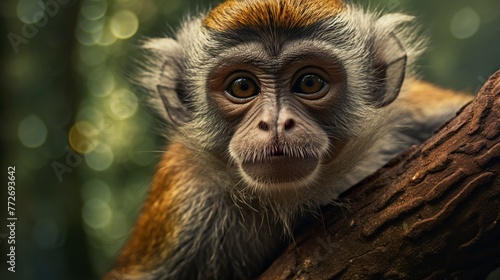 Portrait of a cute little monkey sitting on a tree branch. © 99