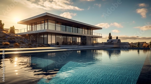 Modern house with swimming pool and reflection in water. Toned. © 99
