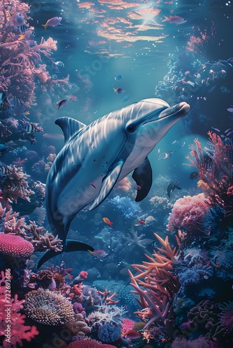 Curious Dolphin Exploring the Vibrant Coral Reef in the Ocean's Depths,Captured in a Dreamy,Impressionistic Watercolor Style with Vintage Vibes © lertsakwiman