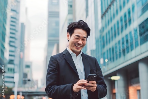 Asian man holding smart phone on urban street