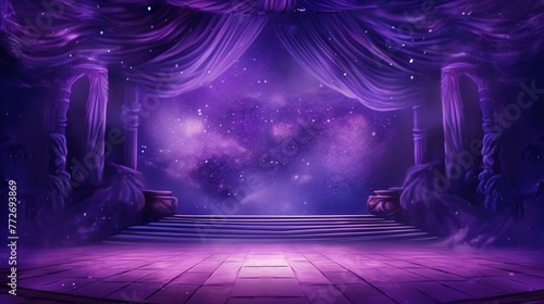 Purple stage curtain with spotlights and wooden floor. Vector illustration photo